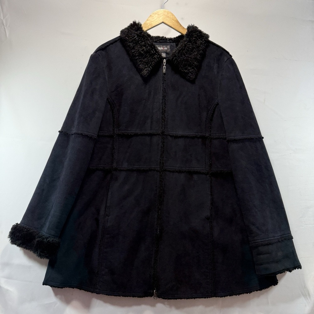 Style & Co Black Faux Fur Suede Jacket Coat Size XL Winter